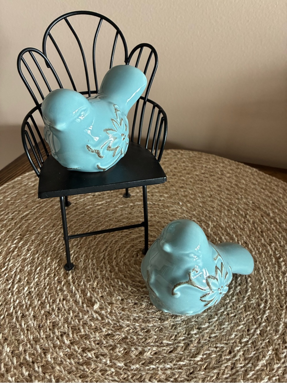 Hobby Lobby Aqua Blue Ceramic Bird Pair with Floral Relief